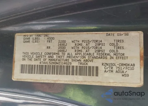1998 Toyota Tacoma z USA, uszkodzony, nr VIN 4TAVL52N9WZ114629